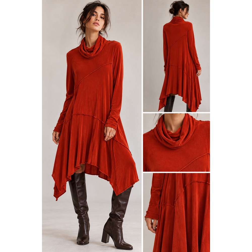 Heydari Dress M Burnt Orange Asymmetric Cowl Neck Art to Wear Lagenlook USA